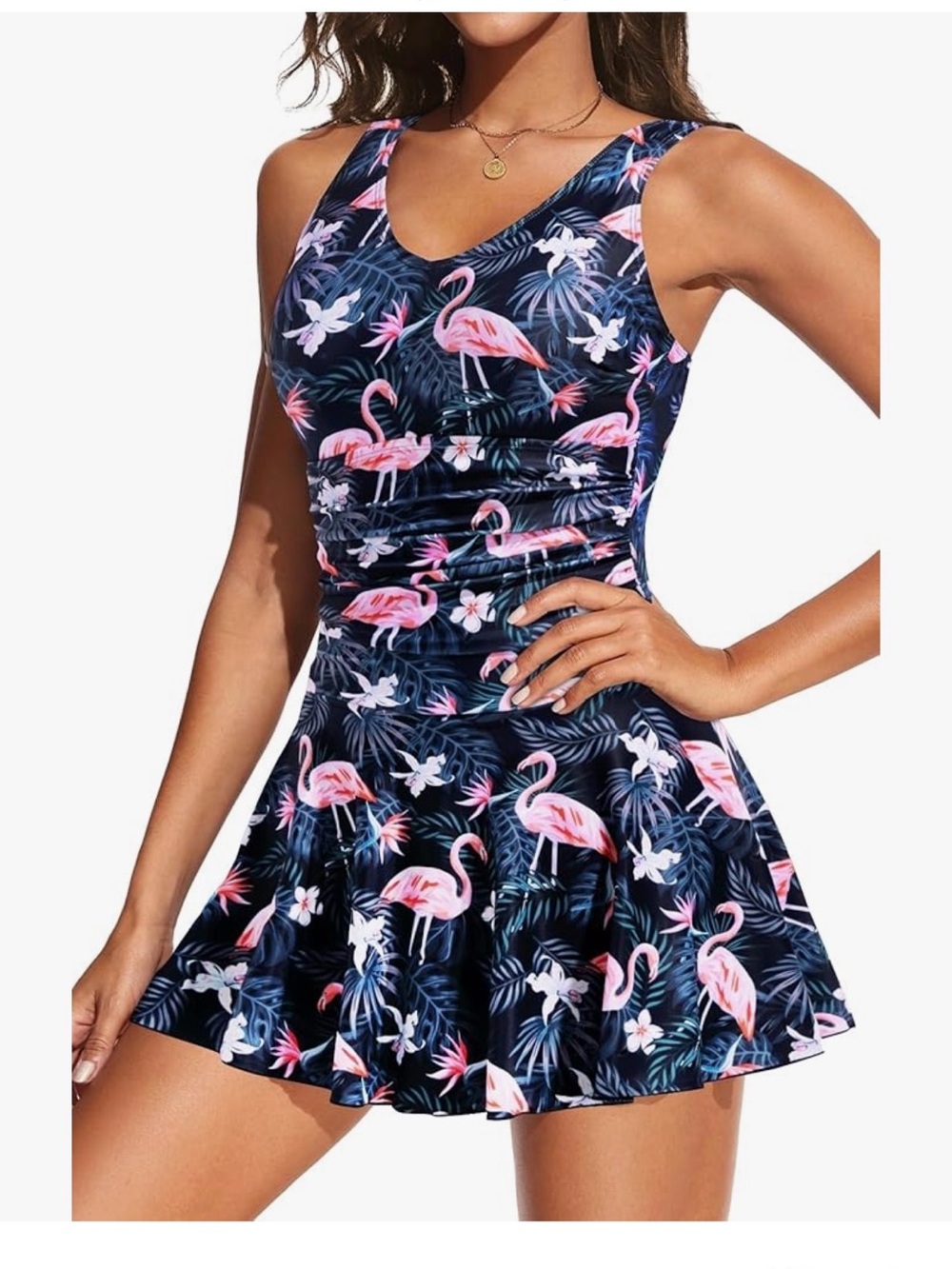 New with Tags -Navy & Pink Flamingo Print One-Piece Swim Dress w/ Tummy Control